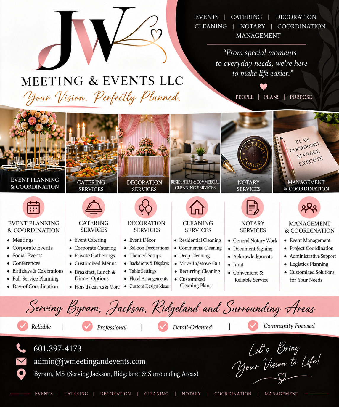 JW Meeting & Events LLC services flyer